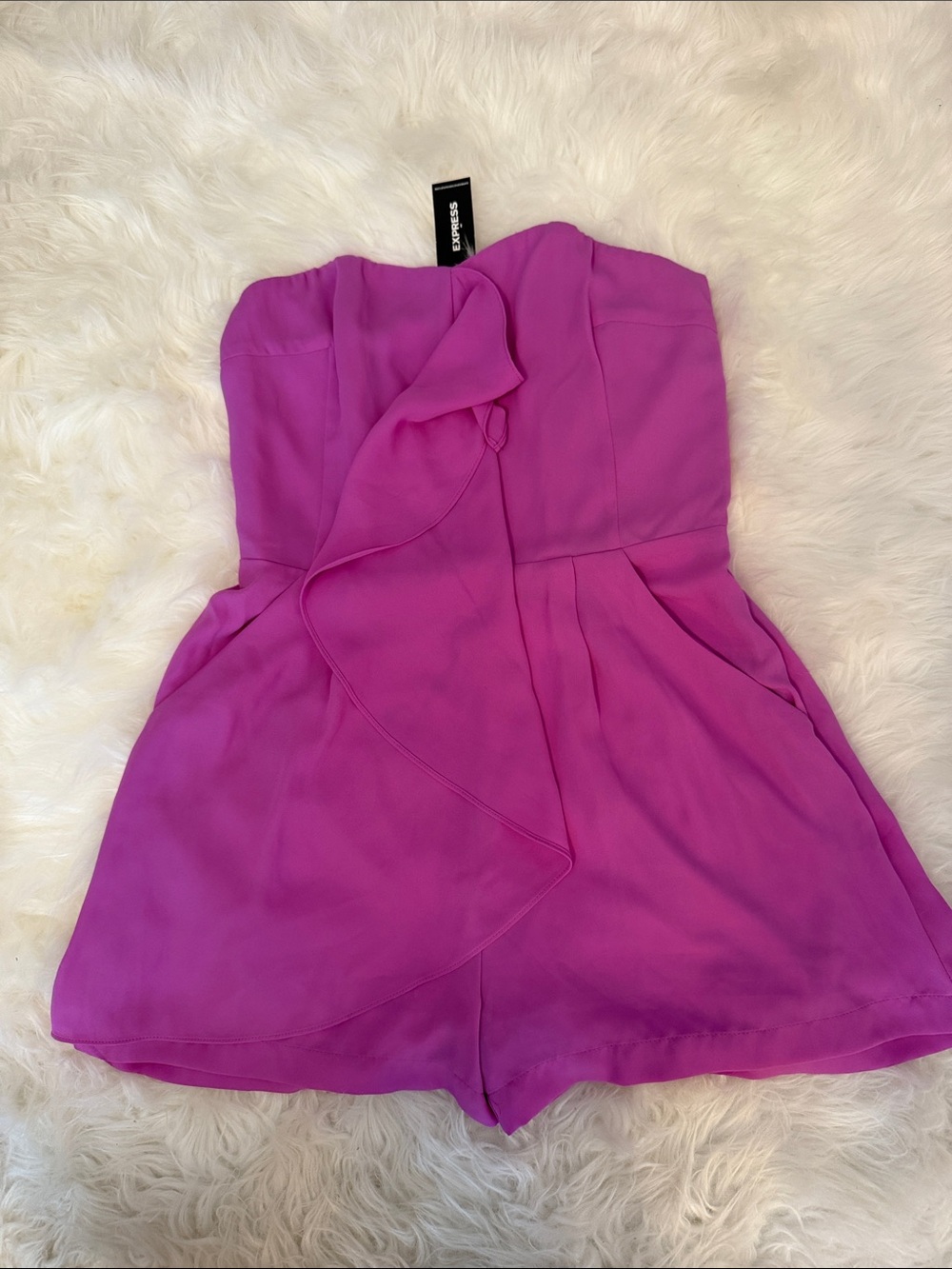 Express Strapless Ruffle Romper in Bright Magenta